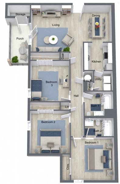 Floor plan for 3 beds, 1 bath, 1119 sqft